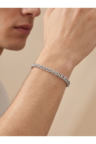 Hasır Örgü Çelik 6mm Zincir Erkek Maskülen Hediye Bileklik 01852 Beyaz