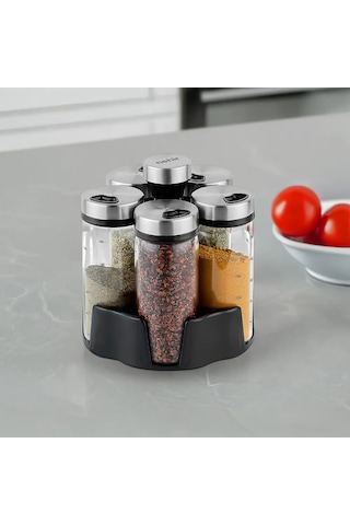 Nehir 6 Parça Borosilikat Döner Standlı Baharatlık Seti Gri