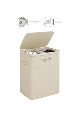 Paloma 100l Çift Yıkanabilir Bölmeli Katlanabilir Kumaş Kirli Çamaşır Sepeti Cappuccino Beige Çok Renkli