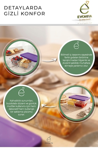 Bölmeli Cam Saklama Kabı Kapaklı Kahvaltılık Tereyağlık Reçellik Buzdolabı Organizer Şeffaf