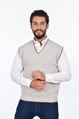 Kamalı Krem Erkek Çelik Örgü Intersiye Kışlık Kalın Triko V Yaka Triko Örgü Tüylenmez Süveter Taş