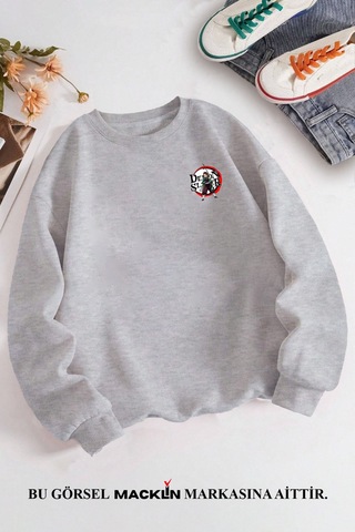 Macklin Unisex Kadın Erkek Demon Tanjiro Kamado Anime Özel Tasarım Baskılı Bisiklet Yaka Sweatshirt Gri Mck1318 Gri