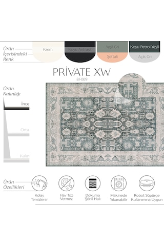 Cool Halı Private Xw Krem Yeşil Eskitme Vintage Yıkanabilir Şönil Etnik Desen Klasik Salon Halısı