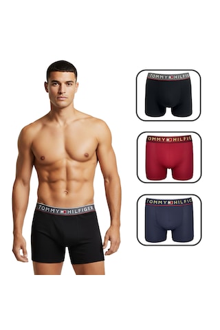 Tommy Hilfiger Erkek 3'lü Boxer Set %100 Organik Pamuk Bordo - Siyah - Lacivert