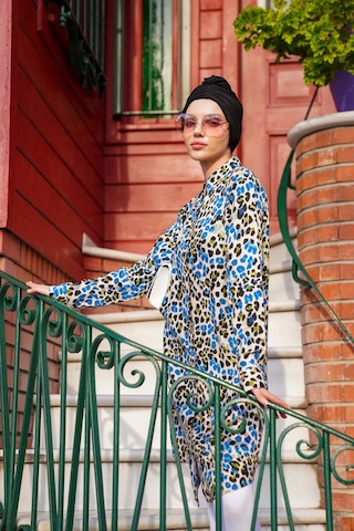 Polologin Butik Renkli Çiçek Desenli Uzun Tunik Mavi Yeşil Siyah