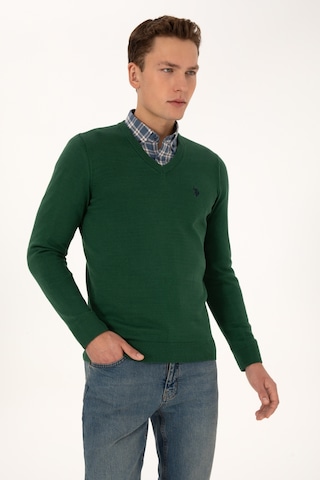 U.S. Polo Assn. Erkek Slim Fit V Yaka Koyu Yeşil Basic Triko Kazak 50313662-VR079
