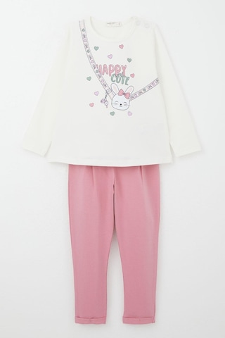 Breeze Kız Bebek Taytlı Takım Mutlu Tavşancık Baskılı Kalpli 9 Ay-3 Yaş, Ekru Ekru