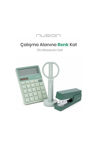 Nusign Hesap Makinesi &zımba & Makas Kırtasiye Seti -yeşil