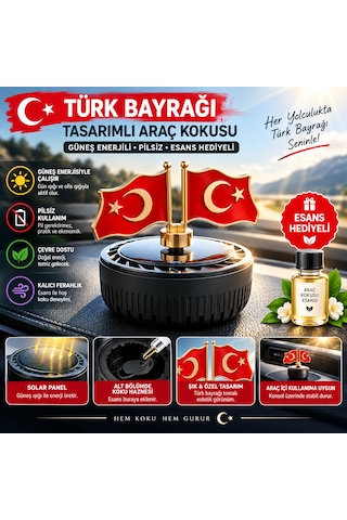 Türk Bayrağı Tasarımlı Güneş Enerjili Torpido Üstü Araç Kokusu Metal Bayrak Pilsiz Solar Oto Koku Esans Koku Hediyeli 1 Adet