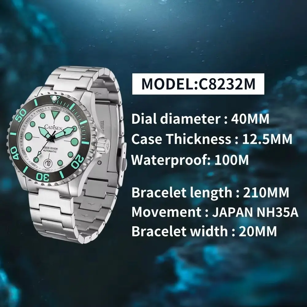 Cadisen C8232 Safir 40 Mm NH35 Otomatik Erkek Kol Saati - Beyaz Siyah - Yeşil