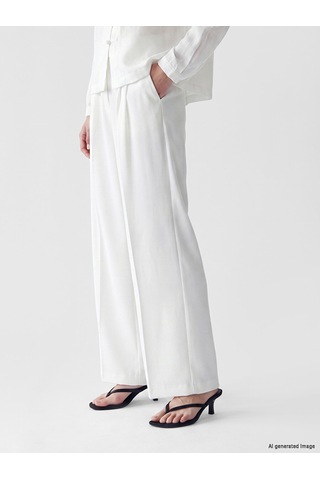 Lcw Modest Ekru Loose Fit Keten Görünümlü Kadın Pileli Pantolon