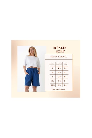The Voler Müslin Şort Kadın Yüksek Bel Oversize Rahat Kesim Cepli %100 Pamuklu Yazlık Şort Mavi