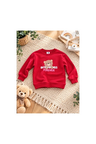 Uğur Bebe Unisex Çocuk Eşofman Takımı Kırmızı Ayıcık Baskılı Sweatshirt Siyah Beyaz Kareli Dokuma Kanvas Pantolonlu 2 Parça Günlük Spor Kombin %100 Pamuk Şardonsuz Kırmızı Kırmızı