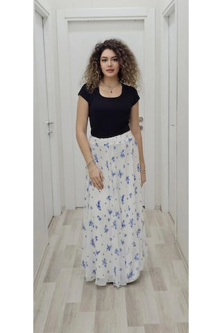 Bel Lastikli Kloş Şifon Etek 6003-beyaz/mavi Beyaz/mavi Beyaz - Mavi