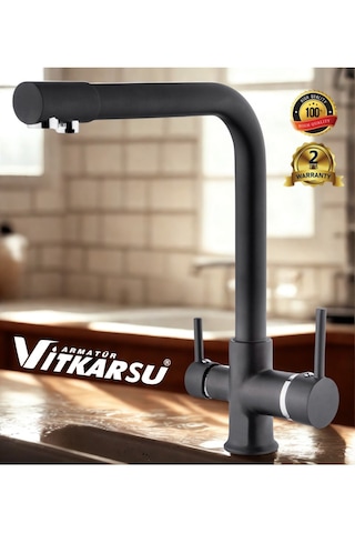 Oval Lüks 3 Yollu Arıtma Çıkışlı Mix Aç-kapa Mutfak Evye Bataryası Siyah