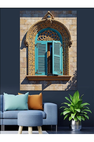 Tablo Mega Ahşap Mavi Pencere Panjurları Retro Dekoratif Kanvas - Mdf Ahşap Tablo