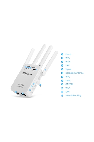 Xindoker Pıx-lınk Ac05 1200mbps Çift Frekanslı 2.4g/5g Wifi Sinyal Güçlendirici, 4 Dış Anten, Ethernet Port, Plug&play, Avrupa Standartı