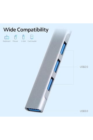 Xindoker Alüminyum 4-port Usb Hub - Type-c'den 1 Usb 3.0 + 3 Usb 2.0'a Çevirici, Veri Transferi Ve Cihaz Genişletici, Gümüş