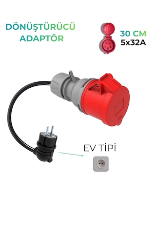 Elektrikli Araç Dönüştürücü Adaptör 5/32a Priz- 1/16a Fiş Boydan Uca 30 Cm Kablo Elektrikli Araç Dönüştürücü