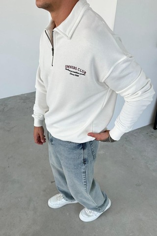 Beyaz Ow Nakış Yarım Fermuarlı Sweatshirt Beyaz