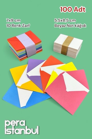 100 Adet Mini Zarf 70mmx90mm 10 Renk Zarf Hediye Doğum Günü Dilekleri Zarfı Beyaz Not Kartlı