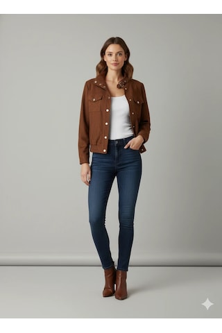 Kadın Taba Zarif Kısa Ceket Toka Detaylı Dik Yaka Cepli Süet/kaşe Baharlık Ceket Kahve