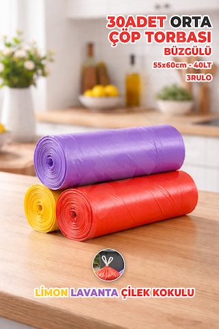 30 Adet Orta Boy Büzgülü Çöp Torbası - Ekstra Sağlam - Limon, Lavanta, Çilek Kokulu - Renkli 55x60