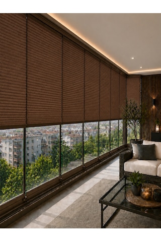 Plise Perde Kahverenk Kumaş + Bronz Profil Kasa Cam Balkon Perdesi