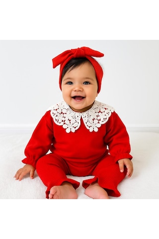Çiçek Fisto Yaka Detay Fitilli Tayt Mevsimlik 3 Parça Set Kırmızı