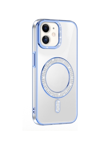 Apple Uyumlu iPhone 11 Kılıf Pırlanta Taş Tasarımlı M-safe Şarj Özellikli Zore Karetta Silikon Kapak Mavi