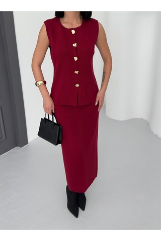 Kadın Düğme Detaylı Yelek Uzun Etek Alt Üst Triko Takım Bordo