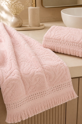 Paisley Desenli Saçaklı 2 Li Baş Ve Banyo Havlusu Seti 50x90 + 90x150 Cm - Pudra