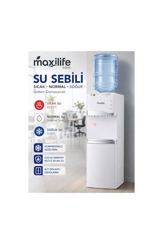 Maxilife PS-SLR-210 Aqua Kompresörlü Su Sebili Sıcak Soğuk Normal Su Alt Dolaplı 3 Musluklu Su Sebili Beyaz