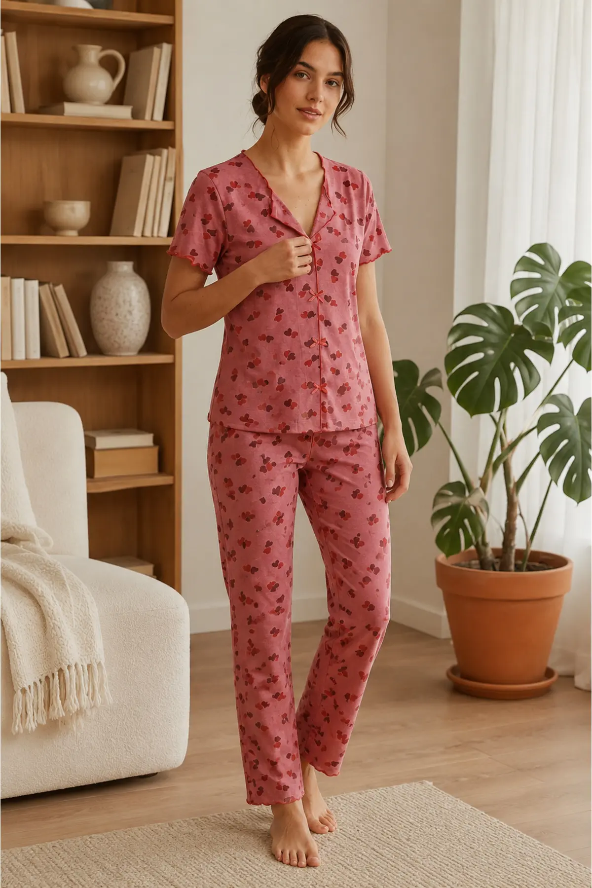 Time Mc By Kadın Pembe Kalp Desenli Kısa Kollu Pijama Takım Pudra Pembe