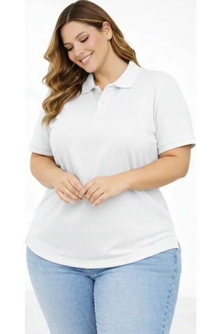 Veraura Lifestyle Pike Kumaş Düğmeli Yaka Battal Büyük Beden Günlük Kısa Kol Tişört T-shirt - Beyaz