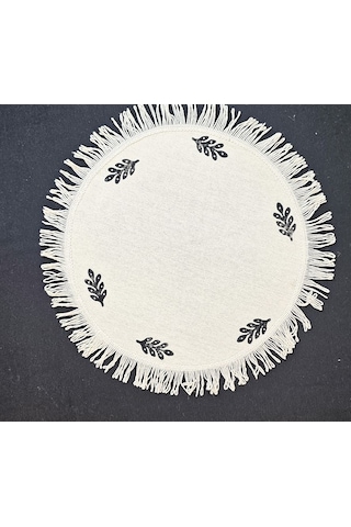 %100 Pamuklu Ham Keten Pamuk Püsküllü Minik Desen Taş Baskı 6' Lı Amerikan Servisi Supla Yuvarlak 40cm Naturel