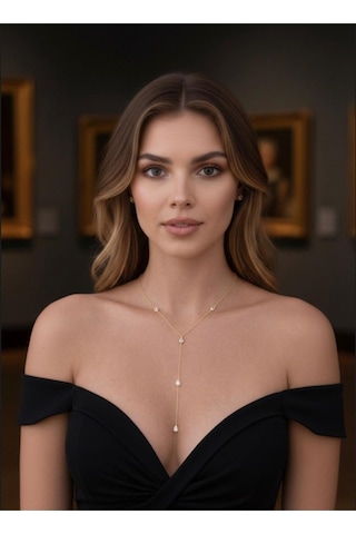 Kadın Zirkon Taşlı Y Model Çelik Kolye Altin