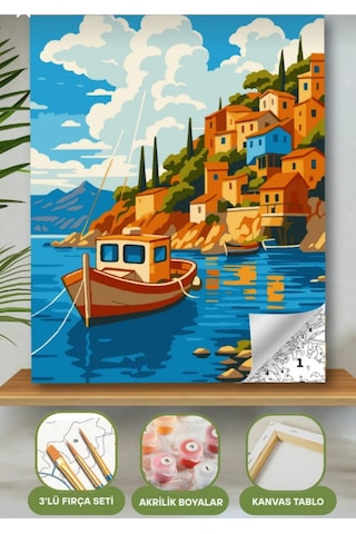 Denic Sayılarla Boyama Seti 40x50 Cm (Çıtalı) Fırça Boya Dahil Numaralı Tuval Deniz Sandal Bina Manzaralı