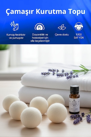 Reyo 6 Adet Çamaşır Yün Kurutma Topu + %100 Saf Lavanta Esansı Krem