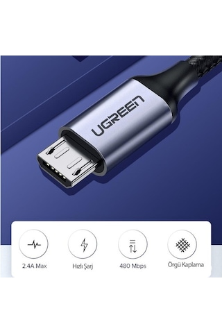 Ugreen 2.4A Micro USB Örgülü Data ve Hızlı Şarj Kablosu Beyaz 1 Metre