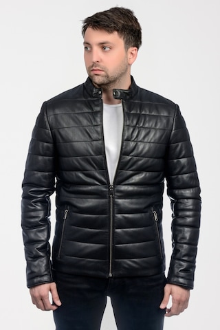 Derije Kroos Hakiki Deri Erkek Siyah Şişme Ceket-Mont