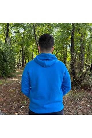 Erkek 3 İplik Basic Oversize Kanguru Cepli Kapüşonlu Sweatshirt Mavi