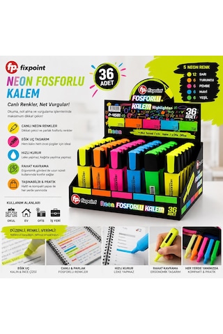 Fixpoint P-4581 Neon Fosforlu Kalem Standlı 36'lı Set - Sarı Turuncu Pembe Mavi Yeşil- 36'li Paket Diğer