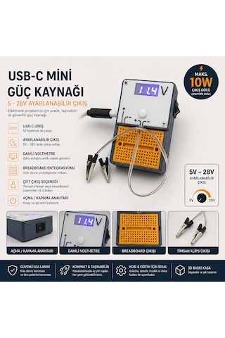 Usb-c Mini Güç Kaynağı 5v-28v Ayarlanabilir Çıkış Dahili Voltmetreli Breadboard