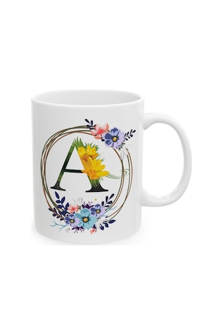 A Harf Baskılı Hediyelik Baskılı Porselen Beyaz Lüks Kupa Bardak Beyaz