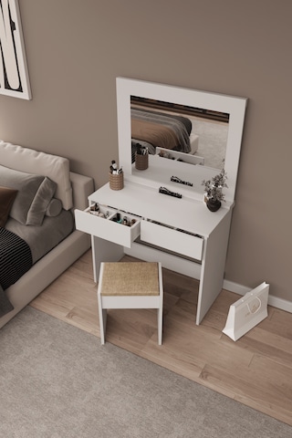 Df02109b Aynalı Puflu Beyaz Makyaj Masası Beyaz