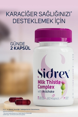 Sidrex Milk Thistle Complex Deve Dikeni Ekstresi ve Enginar Ekstresi İçeren Takviye Edici Gıda 60 Kapsül