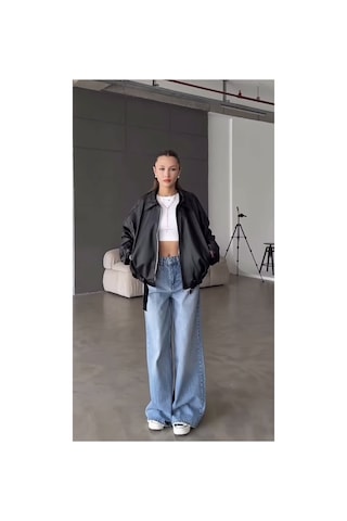 Belizmod Oversize Kemerli Bomber Deri Ceket Siyah Siyah