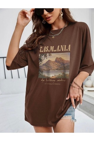 Flood Of Style Kadın Kahverengi Tasmania Baskılı Oversize T-shirt