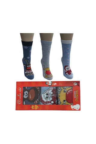 3'lü Set Pamuklu Yılbaşı Kadın Soket Çorap-mavi Mavi